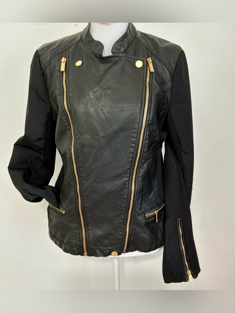Calvin Klein Mixed-Media Faux Leather Moto Jacket with Gold Hardware SIZE MEDUIM